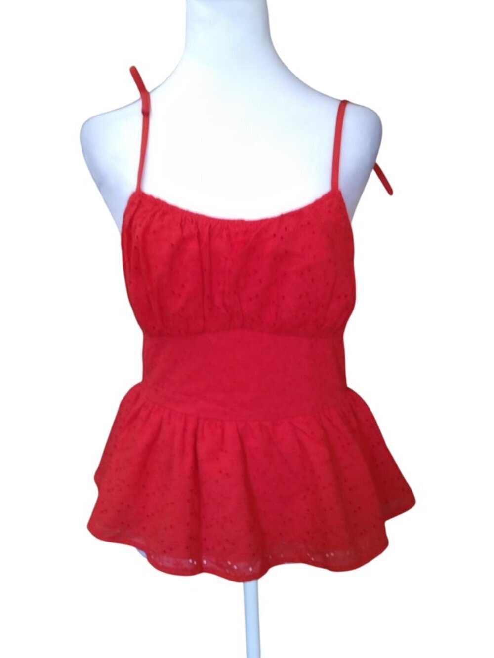 Belle Poque Size Small Red Eyelet Smocked Milkmaid Peplum Blouse Spaghetti Strap
